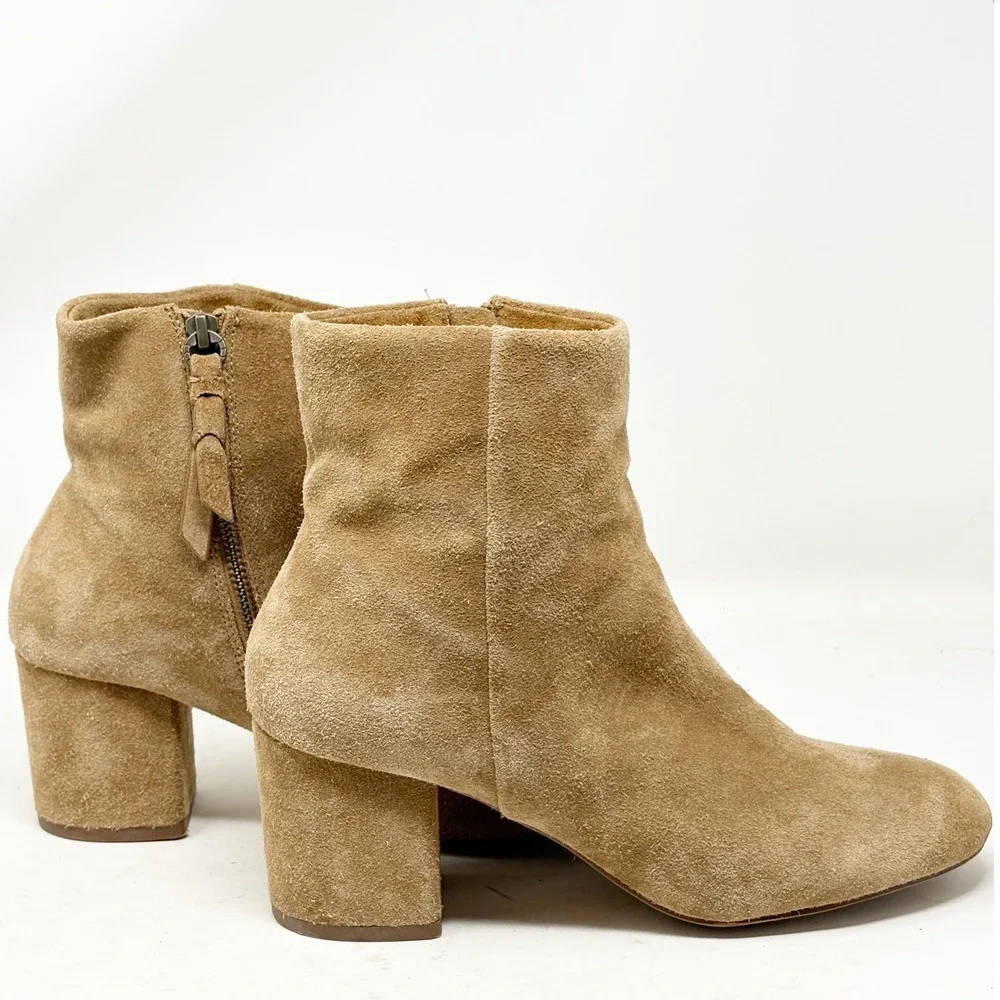 Splendid Tan Suede Ankle Boots Block Heel Round Toe Side Zip Size 6